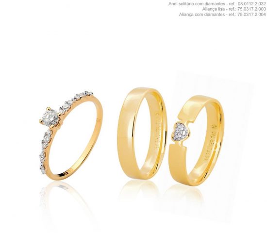 Conjunto par de alianças, em ouro 18k uma com diamantes e um anel com diamantes